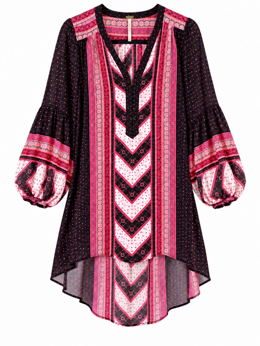 Free People Peacemaker Boho Print High Low Tunic Dress XS Pink Black
